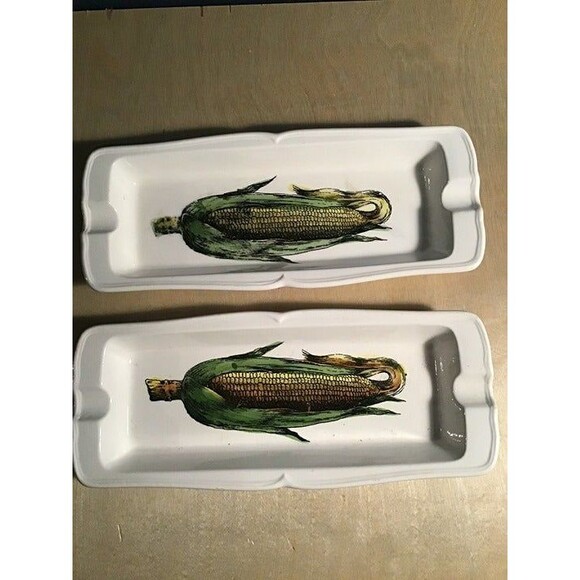 Vintage Set of 2 Hand Painted Corn on the Cob Plates / Dishes - Creative Imports - Picture 1 of 3